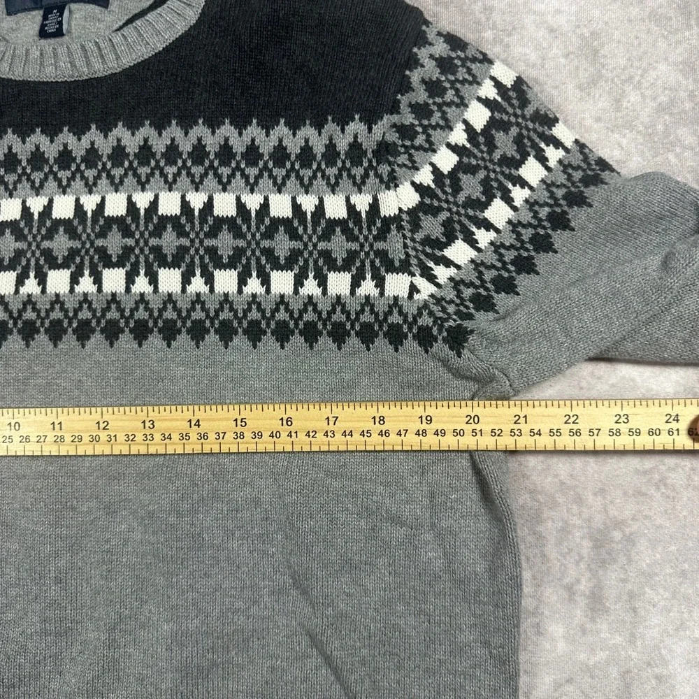 Tommy Hilfiger Mens M Grey Black Fair Isle Cotton Knit Crewneck Sweater Preppy